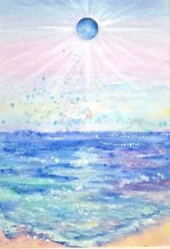海と月の水彩画 A4サイズ 白フレーム　原画