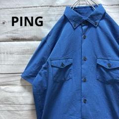 PING ストライプ柄半袖シャツ シアサッカー ゴルフ 青 黒 ロゴ ワッペン