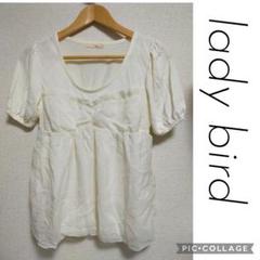 アイボリーホワイト　レイヤード風チェック柄シフォン切替シャーリングTシャツ
