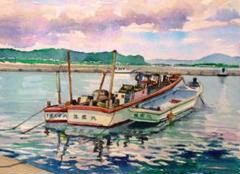 底網引き船(水彩画額縁付き) 底網引き船(水彩画額縁付き) - メルカリ