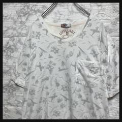 希少サイズ⭐︎Tシャツ Vネック　白ベース総柄　綿　サーフィン　ヤシ　花柄　4L