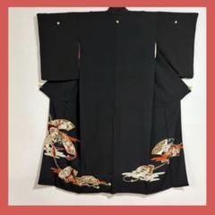 訳あり 黒留袖 刺繍 着物 夏用 単衣 扇 鶴 洋装アレンジ リメイク ゴシック