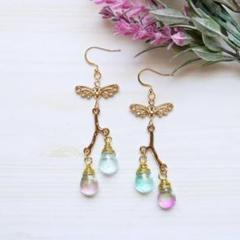 翼　雫　天使の羽　ピアス・イヤリング　グリーン　パープル　ゴールド