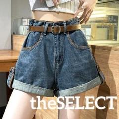 韓国 服 レディース パンツ 青 デニム ハイウエスト 細見え ハーフパンツ