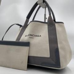 【良品】バレンシアガ ネイビーカバス ハンドバッグ ロゴ キャンバス レザー