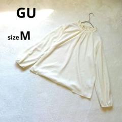 GU ジーユー　シアーブラウスM　長袖　フリル襟　リボン　ミャンマー製