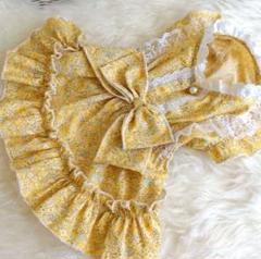 小型犬用 フリル付きイエロー花柄ワンピース♡ハンドメイド♡犬服♡犬服ハンドメイド