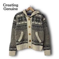 2312★【アメリカ古着】　ニット　カーディガン　ノルディック　フード　グレー系