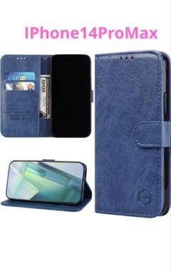 iPhone14ProMax ケース 手帳型 PUレザーネイビー