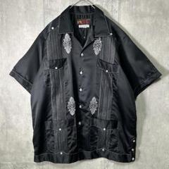 極上 メキシコ製 刺繍 サテン キューバシャツ 漆黒 開襟