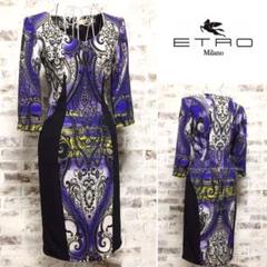 ETRO 切替ワンピース パープル 高級イタリア製 7分袖 ストレッチ