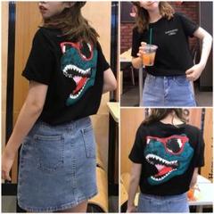 恐竜 ワニ プリント ショート丈 BIG Tシャツ 黒 韓国 レディース