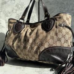 超希少❗️GUCCI☆レザートートバッグ ファーポーチ＆タッセル