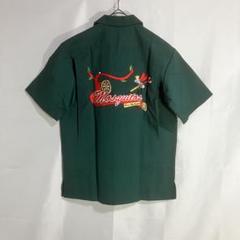 【半袖ワークシャツ/ボーリングシャツ】レーヨン混/両面刺繍/モスグリーン/美品L