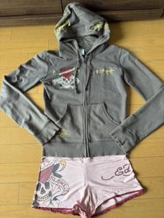 Ed Hardy スカルとハート刺繍 パーカーショートパンツ2点セット