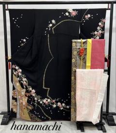 振り袖　フルセット　別誂長襦袢付　黒地　金彩加工　刺繍入り　436 振り袖 フルセット 別誂長襦袢付 黒地 金彩加工 刺繍入り 436