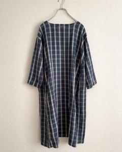 【極美品】45R 藍染 リネン ドレス ロングスリーブ チェック 極美品】45R 藍染 リネン ドレス ロングスリーブ チェック