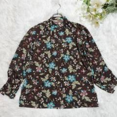 日本製 花柄長袖ノーカラーブラウス ブラウン×ターコイズブルー ポリエステル
