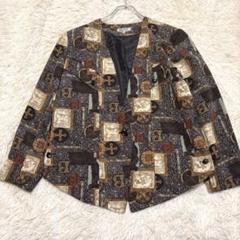 n6266 美品✨総柄ジャケット XL 薄手 大きいサイズ パワーショルダー 茶