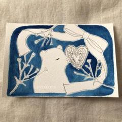 原画　水彩画　しろくま　花　リボン　ハート　ポストカード　アナログイラスト