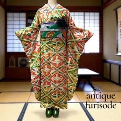 アンティーク レトロ ビンテージ品 鶴模様 浅蘇芳色 金彩 袷 紬 振袖 着物 最新作正統派古典 白/赤 御所車柄/牡丹柄 吉澤織物/最高級金彩手