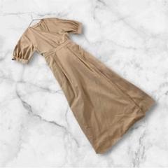 エルガナ　ロングワンピース フレア　M ベージュＶネック パフスリーブ リボン