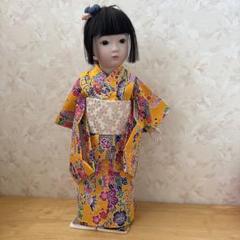 ＊ 市松人形 10号 単衣 縦絽 アンティーク 着物 帯 市松人形】10号 友禅(オレンジ) 菊〈小出松寿作〉※髪飾り・小物
