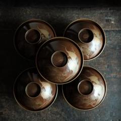 鶴と松と松ぼっくり◆古輪島塗　漆芸蒔絵蓋付碗5客　漆器　骨董・antiques 鶴と松◇蓋裏に松ぼっくり。古輪島塗 漆芸蒔絵蓋付碗5客 骨董