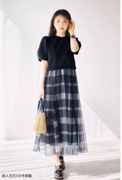 【限定品】ブルーレーベルクレストブリッジ　袖チュールAラインポンチワンピース BLUE LABEL CRESTBRIDGE（ブルーレーベルクレストブリッジ）の