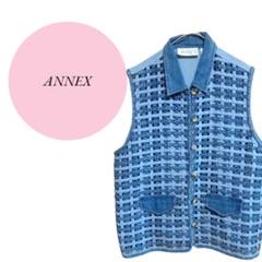【ANNEX】襟付き♡ベスト♡デニム風♡チェック柄♡高級感♡カジュアル【М】青系