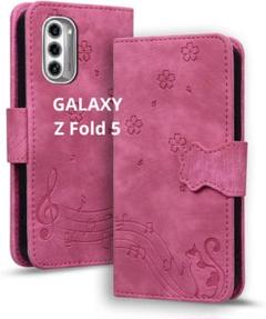 GALAXY Z Fold 5対応 高级PU レザー 手帳型 ピンク 猫 ねこ桜
