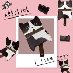 本革 二つ折り【カードケース／名刺ケース】名刺入れ 猫 ねこ 定期入れ カード