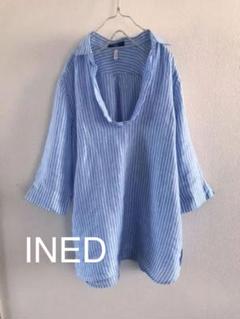 INED リネンブルーストライプスキッパーシャツ 大きめサイズ