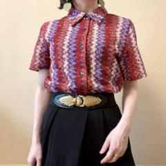 派手 ギザギザストライプ メッシュシャツブラウス レトロ vintage 赤 紫
