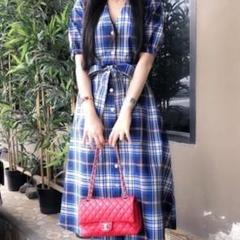ZARA チェック柄ロングワンピース Aライン ベルト付き マキシ