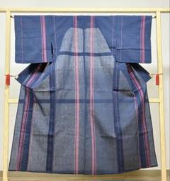 A5 美品 夏物 阿波しじら織 縦縞模様 紺色 綿 絽 紗 浴衣 小紋 着物
