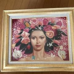 水彩画 女性のポートレート 花のモチーフフランス人画家　サイン入り 水彩画 女性のポートレート 花のモチーフフランス人画家 サイン入り
