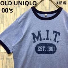 オールド ユニクロ 半袖 リンガーネックTシャツ M ブルー カレッジロゴ00s