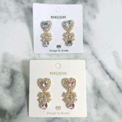 ピアス ハート リボン ストーン ピンク ブルー セット