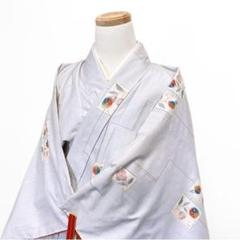 紬　色紙模様　花模様　水色　小紋　着物　072t