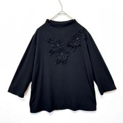 FASHION PARK カットソー 七分袖 ハイネック 花モチーフ アップリケ
