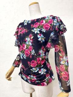 【Lサイズ】JOAN　新品社交ダンス　赤花柄ヒョウ柄ミックス　カットソーｓ076 Lサイズ】JOAN 新品社交ダンス 赤花柄ヒョウ柄ミックス