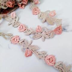 [No.26_1]90cmから★薄いゴールド×ピンクのお花レース アンティーク