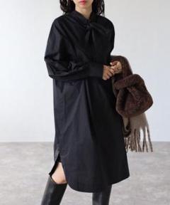 【新品☆ボタン付☆タグ】ボウタイ付　シャツワンピース　綿100% ブラック　長袖