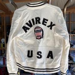 美品　アヴィレックス　ビッグロゴ　刺繍ロゴ　スウェット　スタジャン　M　黒白 AVIREX（アヴィレックス）の「L-STADIUM JKT SIGNATURE LOGO