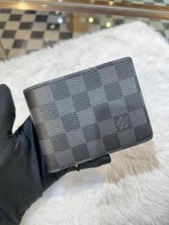 ダミエ柄 ブラウンレザー 二つ折り財布