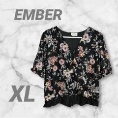 EMBER ブラックフラワー Vネック半袖ブラウス XL