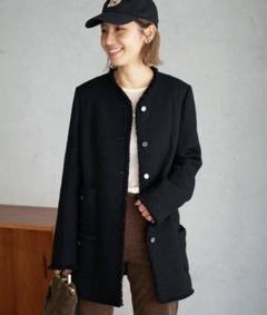 極美品 プラージュ ツイードロングジャケット ノーカラー フリンジ ブラック riomaru-shop_24011203jk