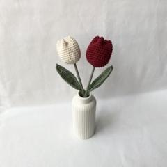 チューリップ　レッド　アイボリー　枯れないお花　インテリア　編み物　ハンドメイド
