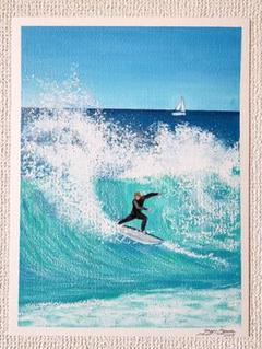 通販サイト一覧 サーフィン 風景画 海の絵 サーフィンの絵 オイルパステル 絵画